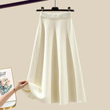 Knitted Two Piece Set Womens Outfits Korean Casual Turn Down Collar Long Sleeve Embroidery Knitted Sweater+skirts