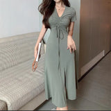 Summer Sexy Solid Color Folds Drawstring Bandage Slit Midi Dress Waist Elegant Party Holiday Dresses Casual Robe