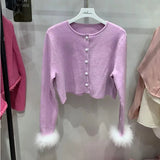 2022 Autumn New Style Removable Feather Sleeve Cuff Pearls Buttons Roung Neck Sweater Women Knitted Cardigans