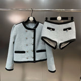 2022 Autumn Long Sleeve Round Neck Double Breasted Buttons Coat High Waist Shorts Two Piece Set Women Outfits