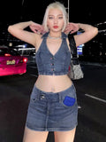 Y2K Aesthetics Button Up Denim 2 Piece Sets 2000s Sexy V-neck Halter Tops and High Waist Jean Skirt Co-ord Suits