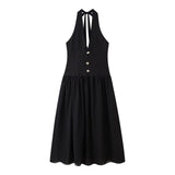 Temperament Hanging Neck Sleeveless Dress High-End Folded Back Long