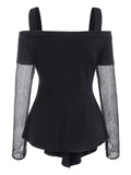 Panel Cold Shoulder Grommet T Shirt With Thumb Hole Long Sleeved Square Neckl Tops Ladies Solid Color T-Shirt