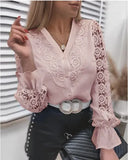 Autumn Stand Collar Hook Flower Hollow Out Shirt Ladies Long Sleeve Wild Top Women Elegant Fashion Cardigan Casual