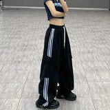Y2K Striped Cargo Pants Women Hip Hop Streetwear Sweatpants Baggy Joggers Bf High Waist Loose Drawstring Wide Leg