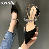 sandals women's summer high heels 2022 new pointed toe back straps rhinestone fairy wind thick heel shoes