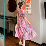 O Neck Slim Elastic Waist Print Elegant Dress 2021 Summer Temperament Style Women Dresses Sweet Puff Short Sleeve