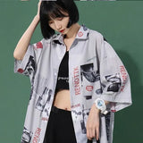 Harajuku Shirts Women Vintage Print Black Top Button Up Short Sleeve Feminine Blouse Korean Fashion Streetwear
