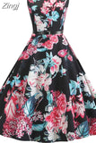Women Summer Floral Beach Sleeveless Party Midi with Belt Elegant Vintage A Line