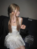 New Summer White Spaghetti Strap Dress for Women Pure Temptation Style Sleeveless Pleated Sexy Short