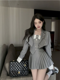 2023 Spring Preppy Style Pleated Casual A-line Skirt Women + Irregular Patchwork Slim Camisole + Jacket Three-piece