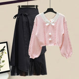 Women Winter Patchwork Long Sleeve Knitted Tops + Asymmetric Skirt 2 Piece Suit Female Party Elegant Two Piece