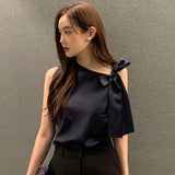 Solid Elegant Blouse Women Office Irregular Tie Bow Chic Shirts Ladies Sleeveless Loose Simple All Match Chiffon Tops