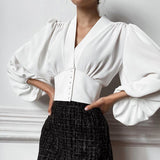 Retro Lantern Sleeve Womens Cropped Blouses Vintage Brick Red Tops Female Short Shirt V-Neck Slim Breasted Draped