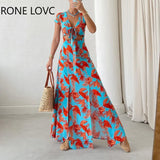 Women Elegant All Over Print Short Sleeves Lace Up Midriff Maxi Silt Sexy Vacation