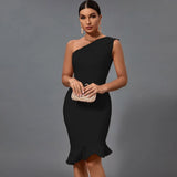 Midi Bandage Dress Women Orange Bodycon Dress Evening Party Elegant Sexy One Shoulder Birthday Club Outfit 2022