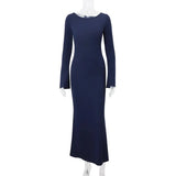Blue Bodycon Long Sleeve Backless Maxi Dress- Outfit