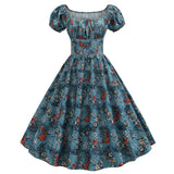 2022 Summer Dress Women Puff Sleeve Swing Vintage Dresses Robe Femme Elegant Floral Print Pin Up Party Dresses