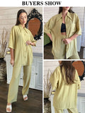 Causal Loose Trouser Suits Autumn Short Sleeve Blouse With High Wasit Pants Set Women Elegant Brown 2 Piece Pants