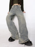 Waist Straight Tube Washed Jeans Women's Vintage Raw Edge Baggy Denim Pants Streetwear American Style Wide Leg