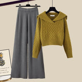 Winter Thick Knit Two Piece Sets Women Outfits Ladies Elegant Twist Knitted Sweater And Wide Leg Pant Sets Women