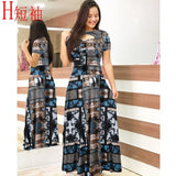 Summer New Elegant Women's Maxi Dress Bohmia Casual Flower Print Robe Fashion Hollow Out Ladies Short Sleeve Dress