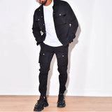 Solid Men 2-piece Set Fall Fashion Long Sleeve Lapel Single Breasted Coat And Long Work Pants Suit Men Pocket Sports