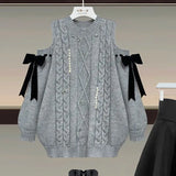 Winter Two Piece Sets Womens Outfit For Women Off The Shoulder Bow Diamond Knitted Sweater And Pleated Skirts Sets 4XL