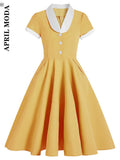 Patchwork Summer Women Swing Pin Up 50s Dresses Green Blue Yellow Fashion Pure Color Casual Elegant 50s Swing Flare