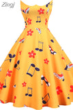 Summer Dress Women Sweet Peter pan Collar Vintage Elegant Music Note Print Slim Sleeveless Party Dresses