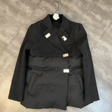 2022 Winter New Arrival Turn Down Collar Woolen Patchwork Square Buttons Blazer Women Black Cotton Coat