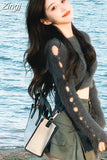 Knitted Long Sleeve Hollow Out Gray O Neck Crop Tops Women Slim High Waist Sweaters Y2K Short Korean Pullover Sueters