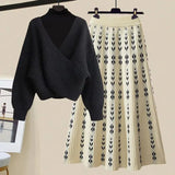 Warm Knitwears 3 Pieces Set For Womens Outfit Korean High Quality Pullover Knitted Sweater+print Pleated Skirts Sets
