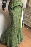 Vintage Fashion Elegant Green Trumpet Long Skirt Graphic Printed Lace Trim Y2K High Waist Skirt Women 2000s