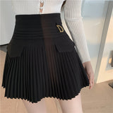 Pleated Skirts Women High Waist Mini Skirt Metal Letter D Design A-Line Clubwear Korean Sexy Streetwear Show Solid