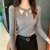 O-neck Slim Stretch Sexy Pullover Winter Hollow Sweater Slim Bottoming Tops Sweater Ladies Solid Soft Pull Elegant