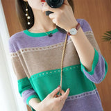 Autumn Classic Striped Print Loose Casual Sweater Women 3/4 Sleeve Hollow Out Knitting Pullover Elegant All-match