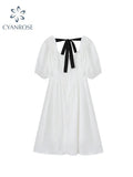 Women's Dress Female Square Collar Puff Sleeve White Dress Summer Korean Elegant Tunic High Waist A-line Mid Long