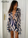 2022 Zebra Print Mini Summer Beach Dress Ruffles Long Sleeve See Through Mesh Bandage Sexy Party Dresses Y2k