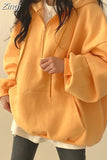 Fleece Autumn Solid Sudaderas Casual Sweatshirts American Pullovers Women High Street Long Sleeve Hooded Half