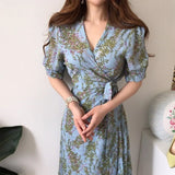 Style Slim Waist Lady Long Dress Puff Sleeve Cross V-Neck Split Floral Chiffon Women Dress Fashion Printing Pencil