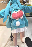 Blue Rabbit Ear Hooded Oversize Women Streetwear Harajuku Kawaii Y2k Solid Sudadera Mujer Couples Sweatshirt Fleece