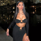 2022 Autumn Two Piece Set Women Square Collar Full Sleeve Crop Top And High Split Skirt Matching Sets Female Dress
