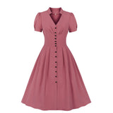 Neck Pinup Summer Shirt Dresses Vintage Solid Retro 1950s 60s Swing Party Sundress Button Up Rockabilly A Line Flare
