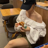 Vintage Elegant White Shirts Women Sexy Skew Collar Off Shoulder Folds Puff Sleeve Chic Blouses Korean Ruffles Loose
