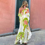 Boho Parrot Printed Front Open Summer Beach Dress Sexy White Chiffon Tunic Women Plus Size Beachwear Long Kimono Dress