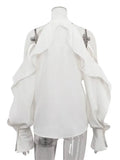 White High Neck Ruffled Cut Out Shirt- Outfit