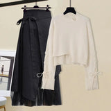 Women Winter Patchwork Long Sleeve Knitted Tops + Asymmetric Skirt 2 Piece Suit Female Party Elegant Two Piece