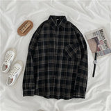 Women Plaid Shirts Loose Oversize Long Sleeve Button Up Fall Shirt Casual Pocket Female Tops Korean Black