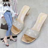 slippers women's summer new 2022 sexy rhinestones one word thick with fairy wind square head large size sandals